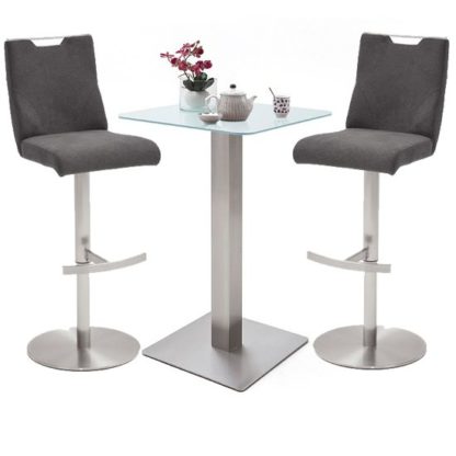687f839fc8ef06103fe957c8690fc2548ff204c1e07c2df85558a59f8089d998.jpg An Image of Soho White Glass Bar Table With 2 Jiulia Fabric Anthracite Stool