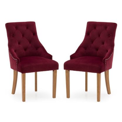 An Image of Vanille Velvet Dining Chair In Crimson With Oak Legs In A Pair