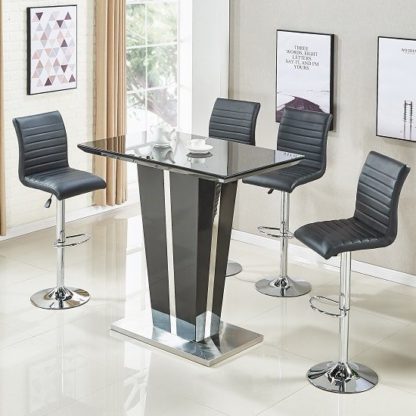 69243ef537c44f4ee3de247f3b46bdcefe3864aa98c2e0edac0bf366a4f5752e.jpg An Image of Memphis Glass Bar Table In High Gloss Black And 4 Ripple Stools
