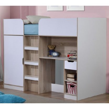 6a566a76467bbf07855425cbd5f01db9877fe13340d42dc68a5757bc9e8f372b.jpg An Image of Cameo Children High Sleeper Bed In White And Oak With Storage