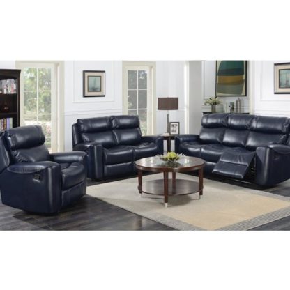 An Image of Mebsuta Leather 3 Seater Sofa And 2 Armchairs Suite In Navy