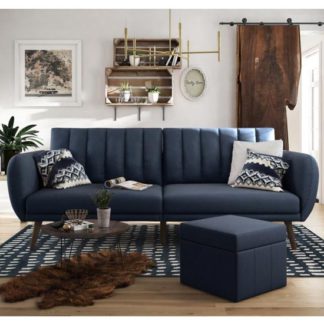An Image of Brittany Linen Sofa Bed In Navy Blue With Wooden Legs