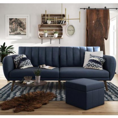 6ace3103aa9ce78a7061df596883301a27630a089c87e4f2f92a4a066f6981a8.jpg An Image of Brittany Linen Sofa Bed In Navy Blue With Wooden Legs