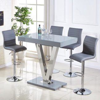 An Image of Vienna Glass Bar Table In Grey Gloss And 4 Ripple Bar Stools