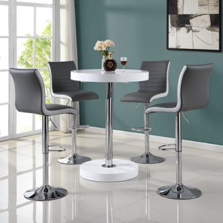 An Image of Havana Bar Table In White With 4 Ritz Grey And White Bar Stools