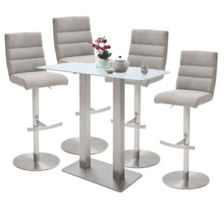 An Image of Soho White Glass Bar Table With 4 Hiulia Ice Grey Fabric Stools