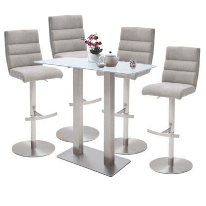 An Image of Soho White Glass Bar Table With 4 Hiulia Ice Grey Fabric Stools