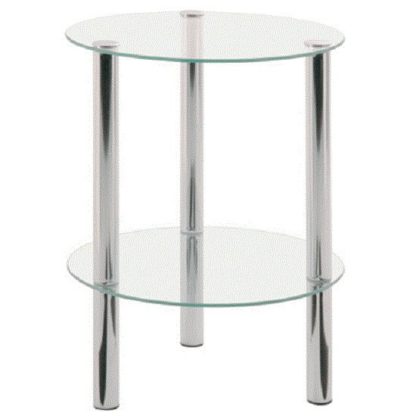 6b345537596f905f3a291e931b7ccd8ab5aeadcb9b4ecce71d88564a1de42c76.jpg An Image of 2 Tier Clear Glass Table With Chrome Legs
