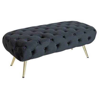 6b4c91a5093ee056299ffbc99f19fa4e5723e23fbed3abfcd121301eddfea5ac.jpg An Image of Galen Fabric Dining Bench In Black With Gold Metal Legs