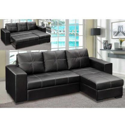 An Image of Avalon Corner Sofa Bed In Black Faux Leather With Storage