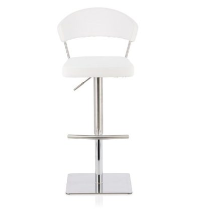 6c05685c28a87c9334085056636315f47184b946404441fdea015bca4f6414de.jpg An Image of Abilio Bar Stool In White Faux Leather And Stainless Steel Base
