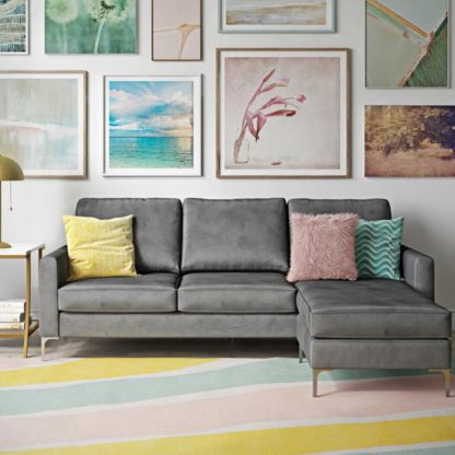 6d0d908b485c6906ccf686c92a39507dc63f9f92fc185757e02b2a940145db57.jpg An Image of Chapman Velvet Corner Sofa In Grey with Chrome Legs