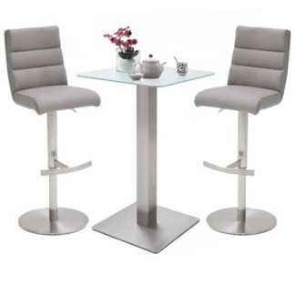 An Image of Soho White Glass Bar Table With 2 Hiulia Ice Grey Leather Stools