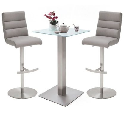 6e07a311a49802fa202169c09c498aa5490aab252fa81c91855cdc0f370e58f2.jpg An Image of Soho White Glass Bar Table With 2 Hiulia Ice Grey Leather Stools