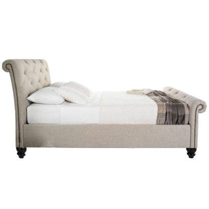 An Image of Saturn Fabric King Size Bed In Oatmeal With Wooden Legs
