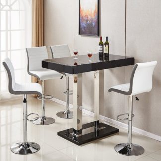 An Image of Caprice Glass Bar Table In Black Gloss With 4 Ritz White Stools