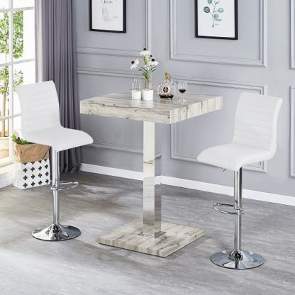 An Image of Topaz Bar Table In Grey Oak Effect With 2 Ripple White Stools