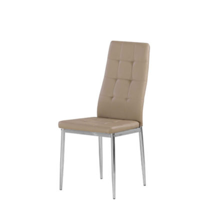 6ee2509e50f6e397e398a6b04ac72696278ec746b61fc05aab619af3d58fa486.jpg An Image of Cosmo Dining Chair In Taupe Faux Leather With Chrome Legs