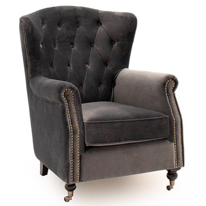 An Image of Reedy Velvet Wingback Chair In Grey With Metal Castor