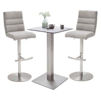 An Image of Soho Glass Bar Table With 2 Hiulia Ice Grey Fabric Stools