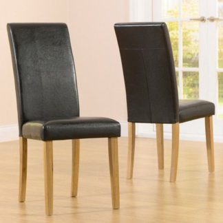 An Image of Cepheus Brown Faux Leather And Solid Oak Dining Chairs In Pair