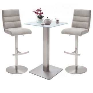 An Image of Soho White Glass Bar Table With 2 Hiulia Ice Grey Fabric Stools