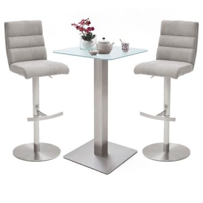 An Image of Soho White Glass Bar Table With 2 Hiulia Ice Grey Fabric Stools