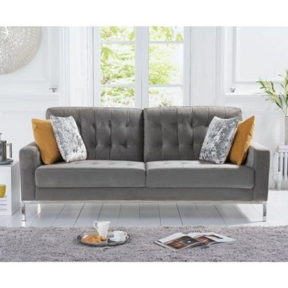 An Image of Swiger Velvet Three Seater Sofa In Grey With Metal Legs