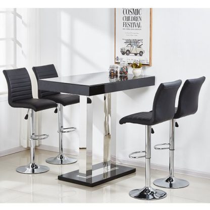 7299eb4845d967eccbcf652f487b813adc62a7bc60a5183db9754988d7aafe38.jpg An Image of Caprice Glass Bar Table Set In Black Gloss 4 Ripple Bar Stools