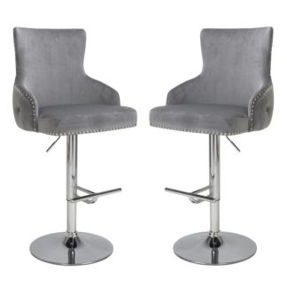 An Image of Reese Grey Velvet Bar Stools With Chrome Base In A Pair