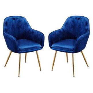 An Image of Lara Royal Blue Dining Chair With Gold Legs In Pair