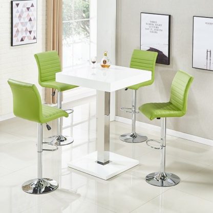 7445dde9891c8fac113bed3bc41f2f2fac9dcef14077b754fa94bb0318217d93.jpg An Image of Topaz Bar Table In White High Gloss 4 Ripple Lime Green Stools