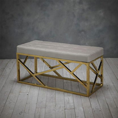 An Image of Renata Fabric Dining Bench In Mink With Gold Frame