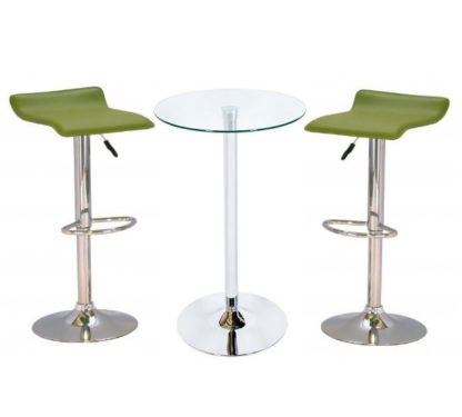 An Image of Bente Glass Bar Table With 2 Stratos Green Bar Stools