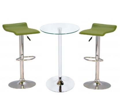74de74b6bad1f030f5ab39e5ffb6b55baff3d3b366fb5bead0568443a8a408cd.jpg An Image of Bente Glass Bar Table With 2 Stratos Green Bar Stools