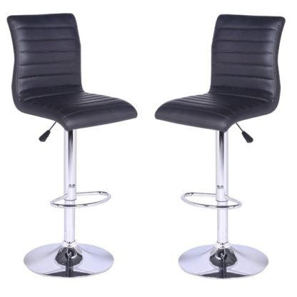 74eb6628f19bdf9cf6745f6ae2389cc7bf96a75754398481570c73c513ba694c.jpg An Image of Ripple Bar Stools In Black Faux Leather in A Pair