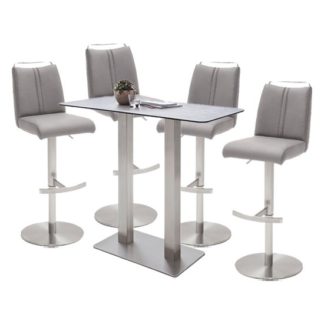 An Image of Soho Glass Bar Table With 4 Giulia Ice Grey Leather Stools