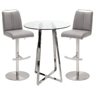 An Image of Poseur Glass Round Bar Table With 2 Giulia Ice Grey Bar Stools