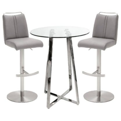7638995b6cc39ecba39d349e881124f00d3ac2931d05f5c07337935cc2edd92f.jpg An Image of Poseur Glass Round Bar Table With 2 Giulia Ice Grey Bar Stools