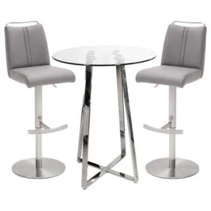 An Image of Poseur Glass Round Bar Table With 2 Giulia Ice Grey Bar Stools