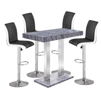 An Image of Melange Gloss Marble Effect Bar Table 4 Ritz Black White Stools