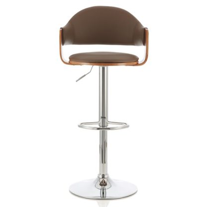 7708aab778eabc54f4db5c120b168959555a49e0192306253c381e3c0d75c025.jpg An Image of Emden Bar Stool In Walnut And Beige PU With Chrome Base