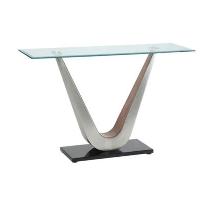 7710f9c92093c710aad394b82adeb8a6f437b6d694f9d3f248f255d0c7ffc526.jpg An Image of Cobra Console Table In Clear Glass Top With V Shape Walnut Base