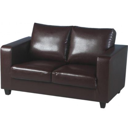 7717d6df1626437d7c268cf68146390af3a197bc28554d66bffe94ab273ea404.jpg An Image of Tempo 2 Seater Sofa In A Box Made of Brown Faux Leather