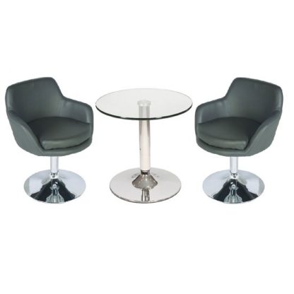 An Image of Belize Glass Bistro Table In Clear And 2 Grey Bucketeer Chairs