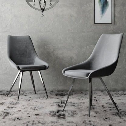 An Image of Lanna Dark Grey Velvet Fabric Dining Chairs In Pair