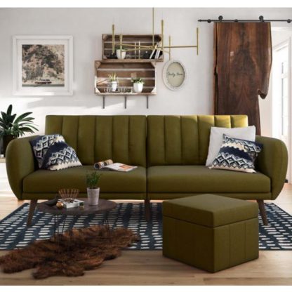 An Image of Brittany Linen Sofa Bed In Green With Wooden Legs