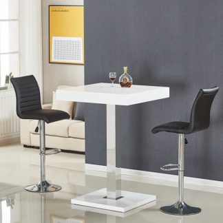 An Image of Topaz Bar Table In White High Gloss With 2 Ripple Black Stools
