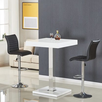 77ef8bbf92fdcbf12ed7169d19cb630a3cf9f87f007293d362924916410bdb6e.jpg An Image of Topaz Bar Table In White High Gloss With 2 Ripple Black Stools