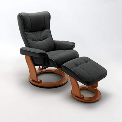 7943a19cdd423174f6f968c4b9f6262af86a8623db96a3bc85fcc2e653efe198.jpg An Image of Gumala Recliner Leather Armchair In Black With Footstool